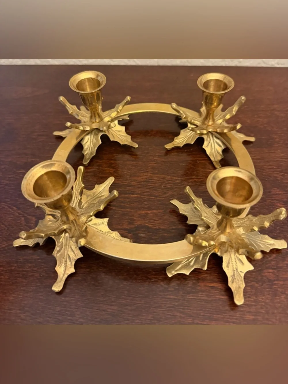 Vintage Brass Candlestick Holder Centerpiece Holly Leaves Candelabra Christmas
